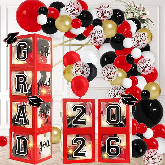 Graduation Decorations 2026 Set of 4 Red Grad Balloon Boxes with