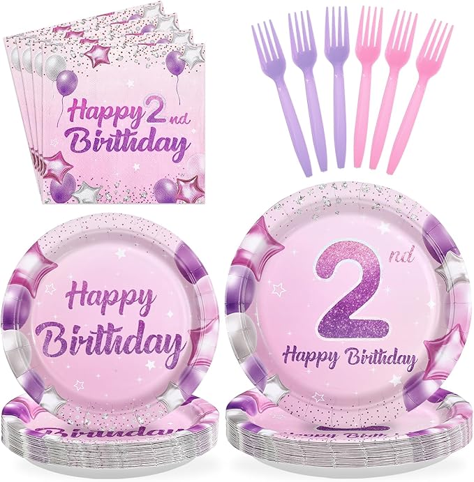 96Pcs Pink Purple 2nd Birthday Party Decorations Pastel 2nd Birthday