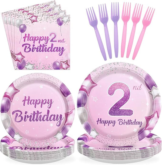 96Pcs Pink Purple 2nd Birthday Party Decorations Pastel 2nd Birthday
