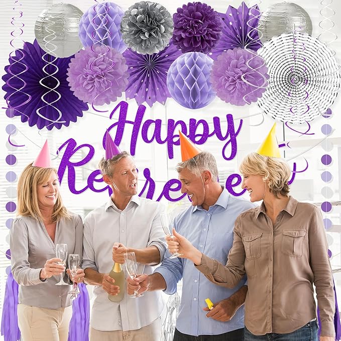 Retirement Party Decorations Women Purlpe Glitter Happy Retirement