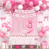 9th Pink Birthday Decorations for Girls, Pink Bow Coquette Birthday