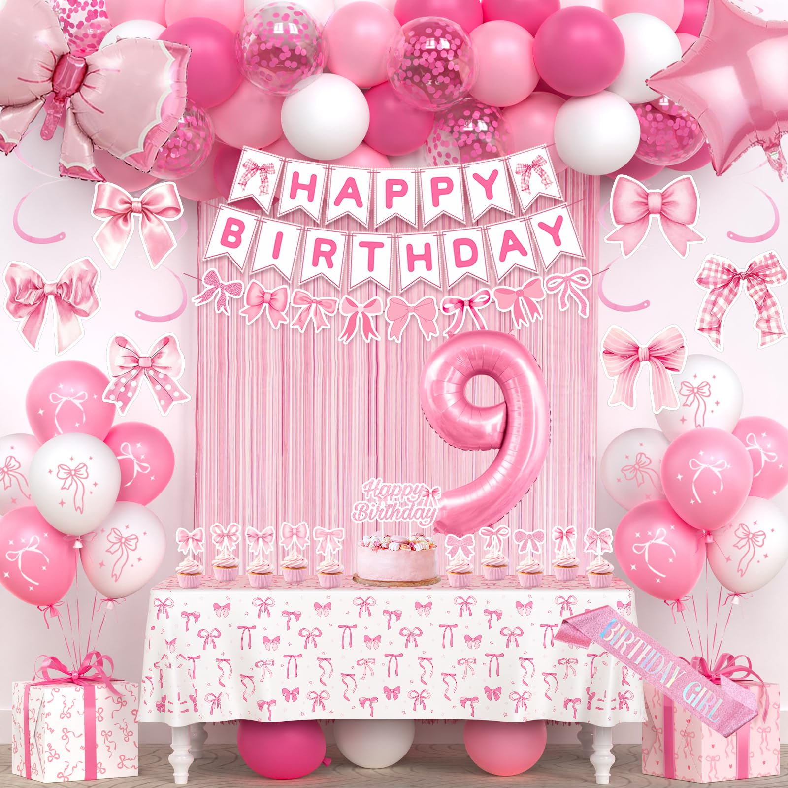 9th Pink Birthday Decorations for Girls, Pink Bow Coquette Birthday