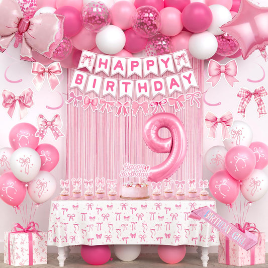 9th Pink Birthday Decorations for Girls, Pink Bow Coquette Birthday