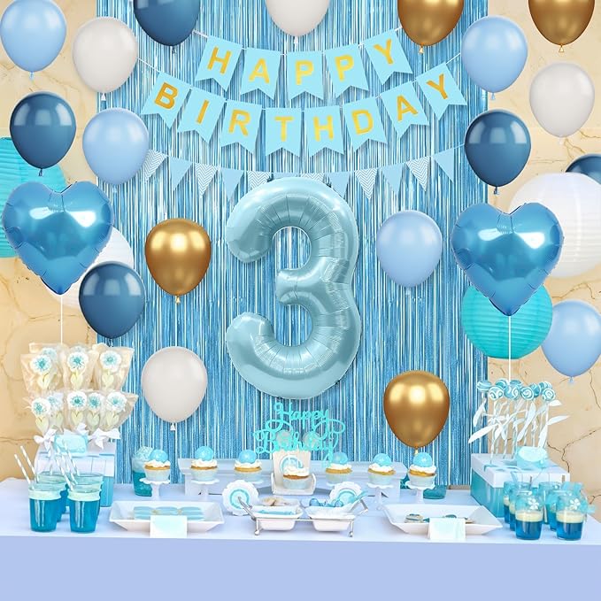 3rd Birthday Decorations Blue White Gold 3rd Birthday Balloons with