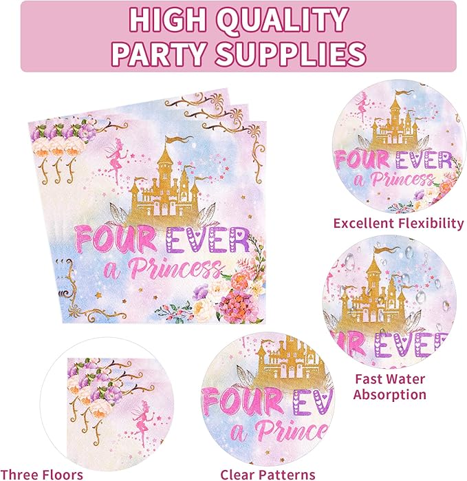 96 Pcs Princess Birthday Party Supplies 350 GSM Four Ever a Princess