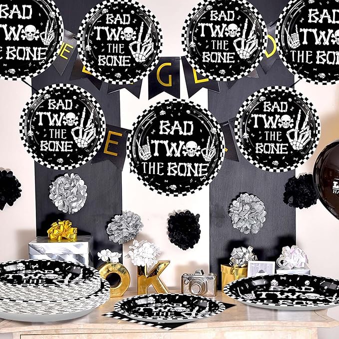 96Pcs Bad Two The Bone Party Supplies Black White Rock 2nd Birthday