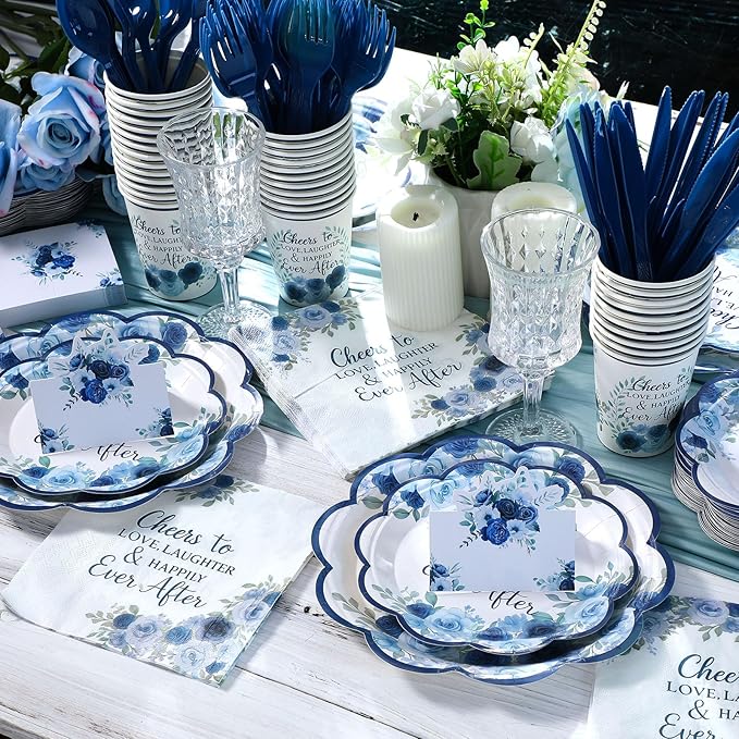 410 Pcs Blue Floral Wedding Decorations Elegant Floral Paper Plates
