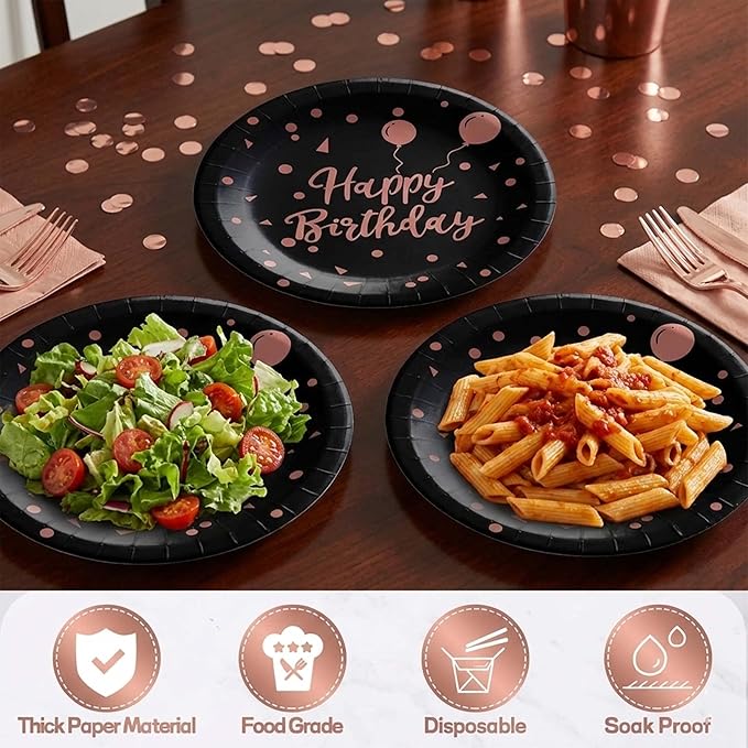 Rose Gold and Black Birthday Decorations Party Supplies Kit with