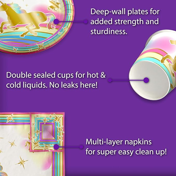 Gold Rainbow Unicorn Pegasus Birthday Party Supplies Set Plates