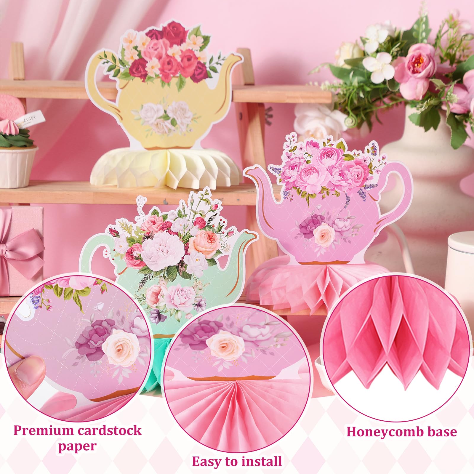 Jexine 9 Pcs Tea Party Decorations Princess Party Floral Teapot