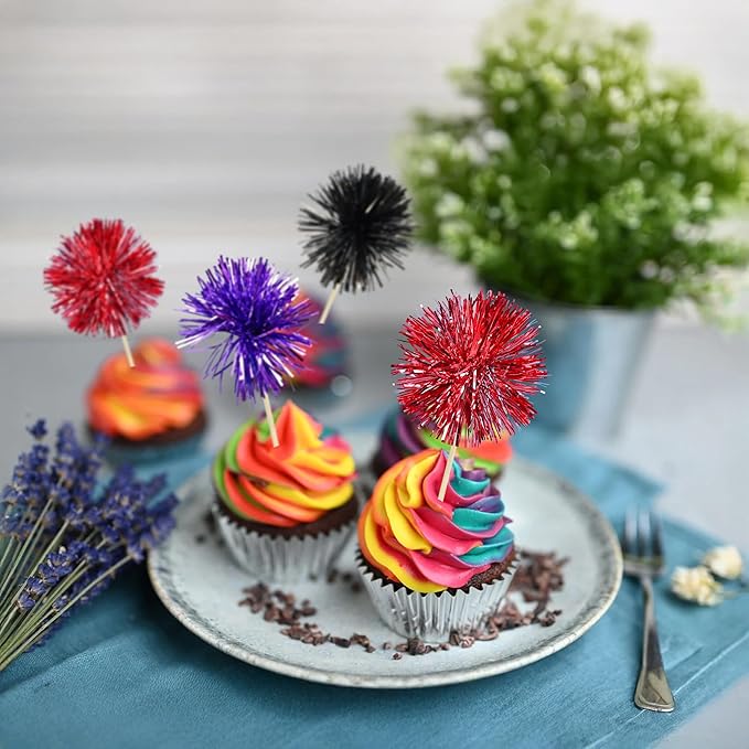 Gyufise 30Pcs Foil Firework Cupcake Toppers Sparkle Tinsel Cake #27