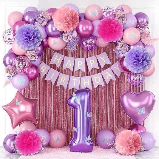 Pink Purple 1st Birthday Party Decorations for Girls Number 1