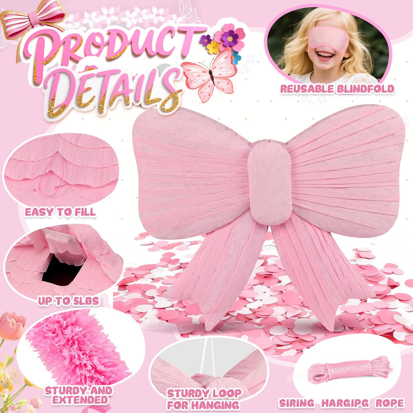 Pink Bow Pinata with Stick and Blindfold, Large Coquette Aesthetic