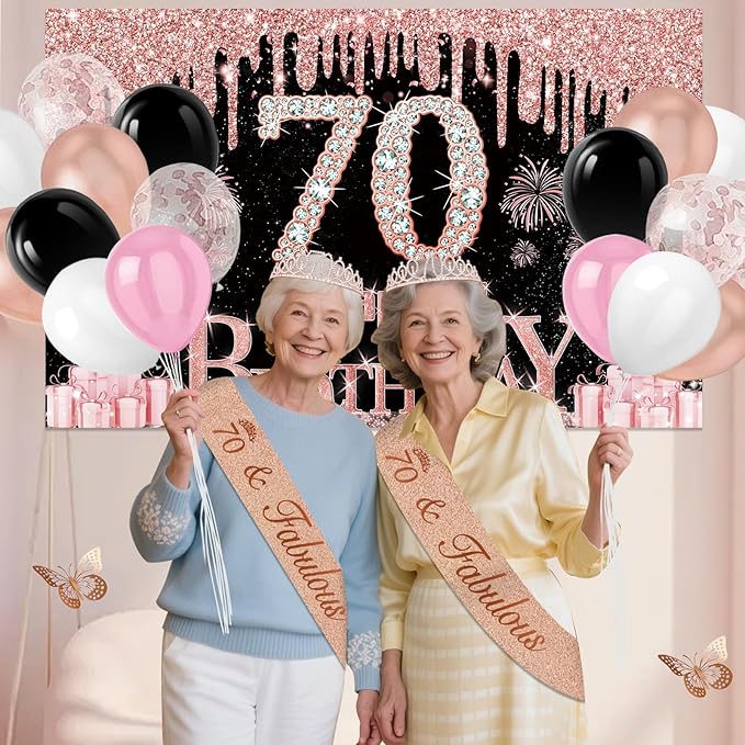 70th Birthday Decorations for Women 49pcs Black Rose Gold Black