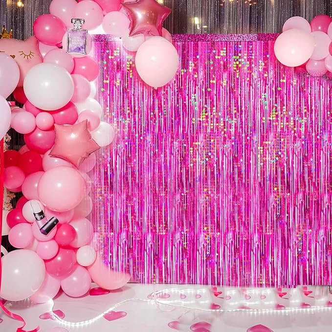 4 Packs Hot Pink Foil Fringe Curtain, Pink Glitter Metallic Tinsel