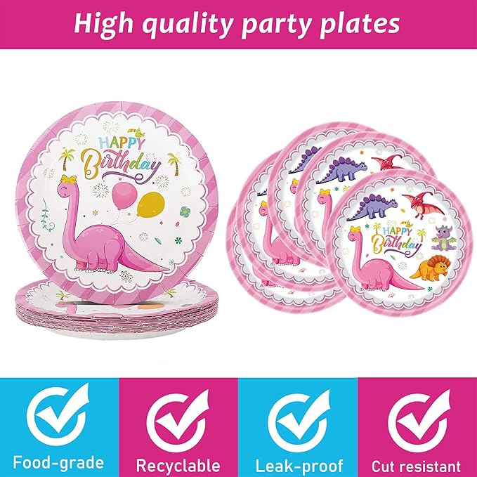 120 Pcs Pink Dinosaur Birthday Party Plates Napkins Girls Dinosaur