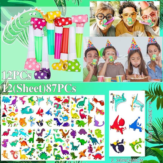 132Pcs Dinosaur Party Favors Dinosaur Rings Slap Bracelets Tattoos