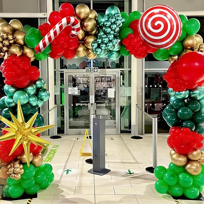 Christmas Balloon Arch Red Dark Green Gold Balloons with Candy Cane