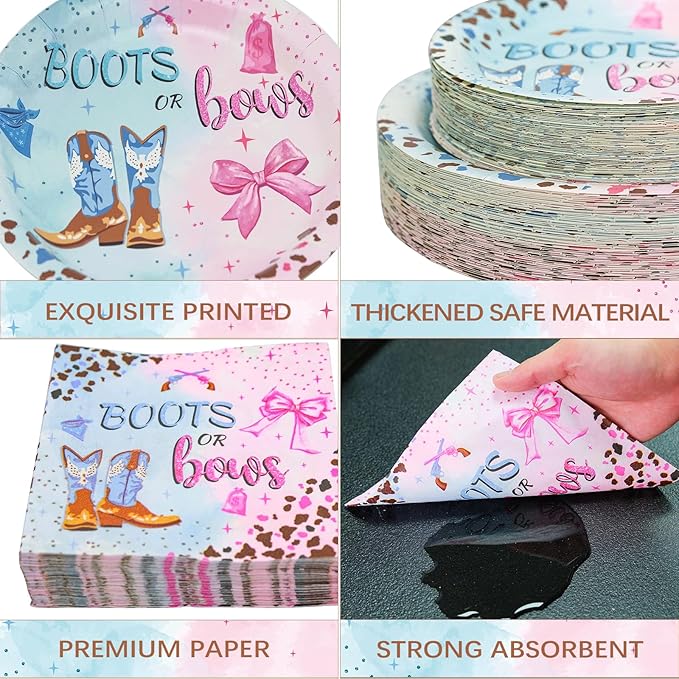 180Pcs Boots Bows Gender Reveal Birthday Party Supplies Serves 60