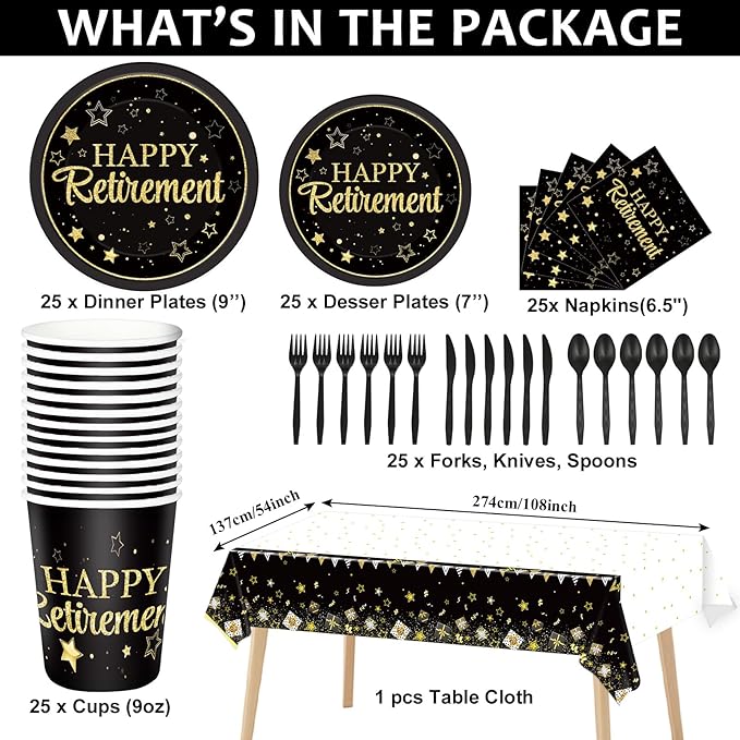 184pcs Happy Retirement Party Supplies Black Gold Happy Retirement