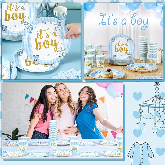 200 Pcs Blue Baby Shower Paper Plates Napkins Cups Boy Baby Shower