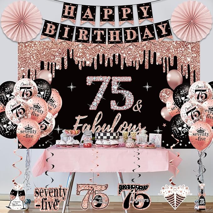 75th Birthday Decorations for Women 33pcs 75th Crown and Sash Black