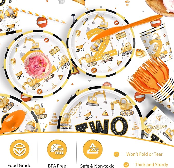 201pcs Construction 2nd Birthday Party Decorations 2nd Plates