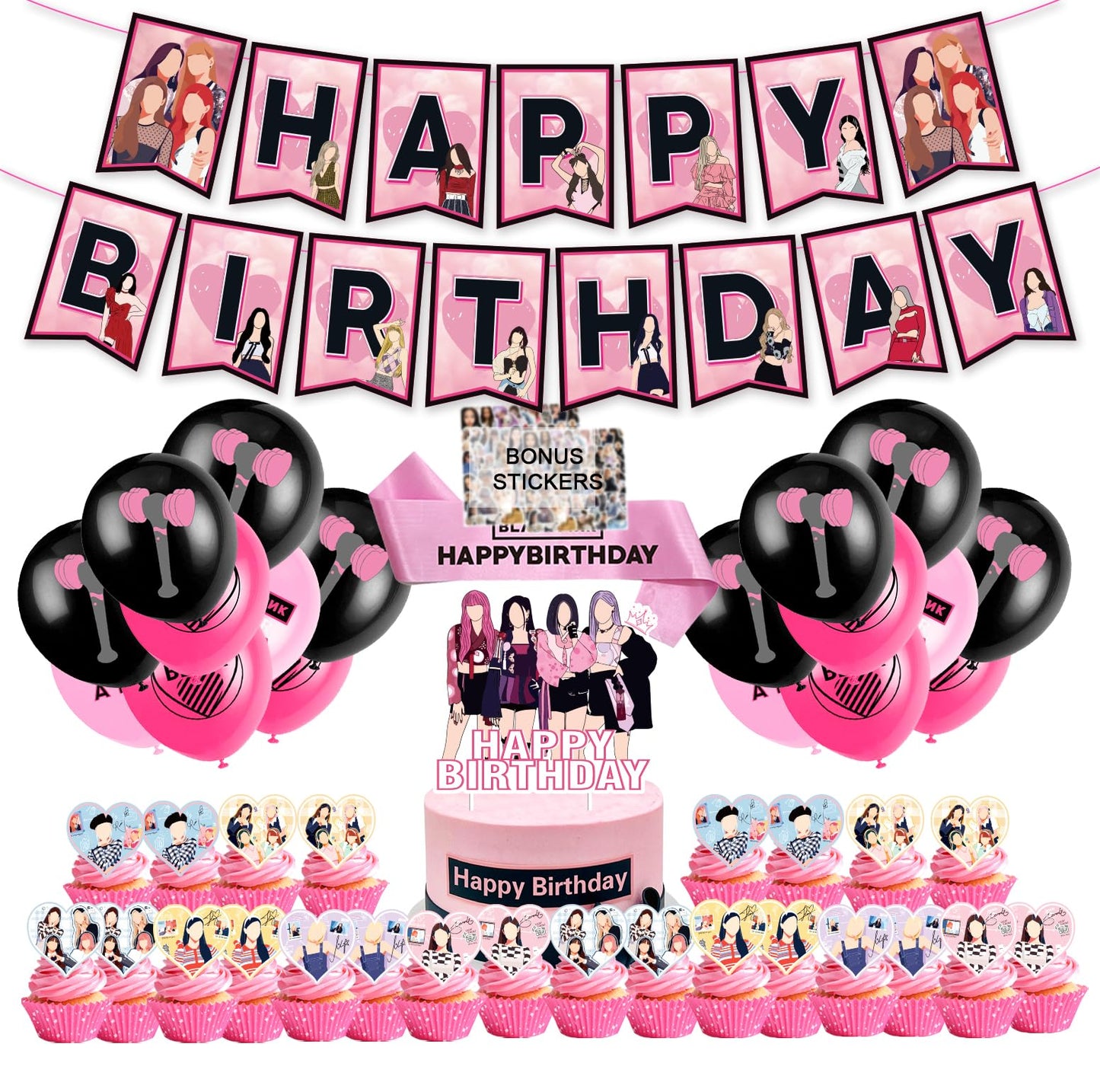 KPOP Black Pink Girl Group Birthday Party Kit Supplies with Cake