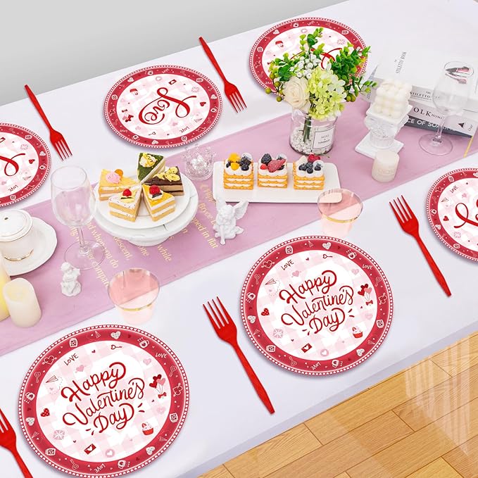 96 Pieces Valentine's Day Tableware Set Red and White Disposable