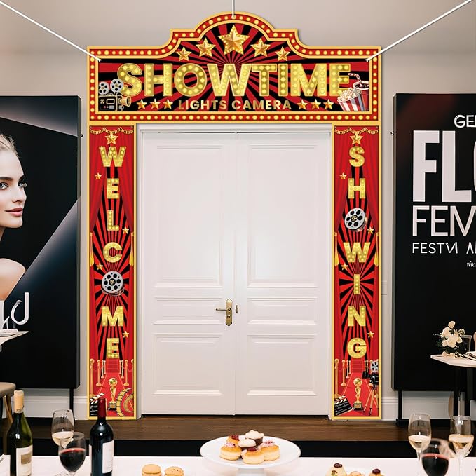 3 Pcs Movie Night Decorations Porch Sign Banner Showtime Movie Theme