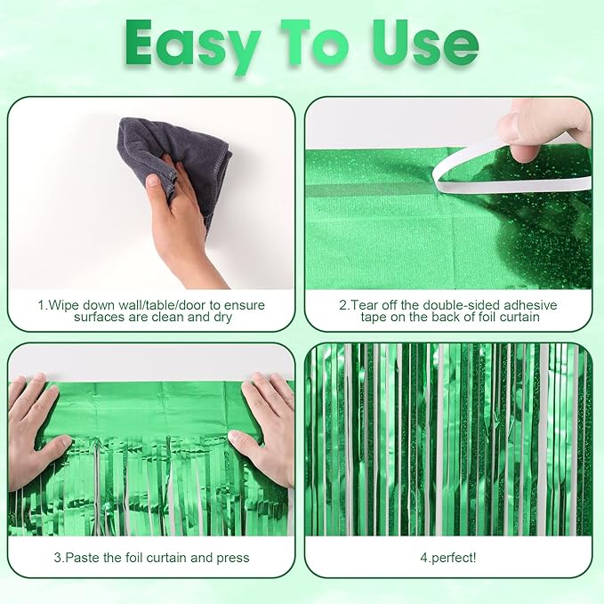 Voircoloria 3 Pack 3.3 x 8.2 ft Laser Green Foil Fringe Backdrop