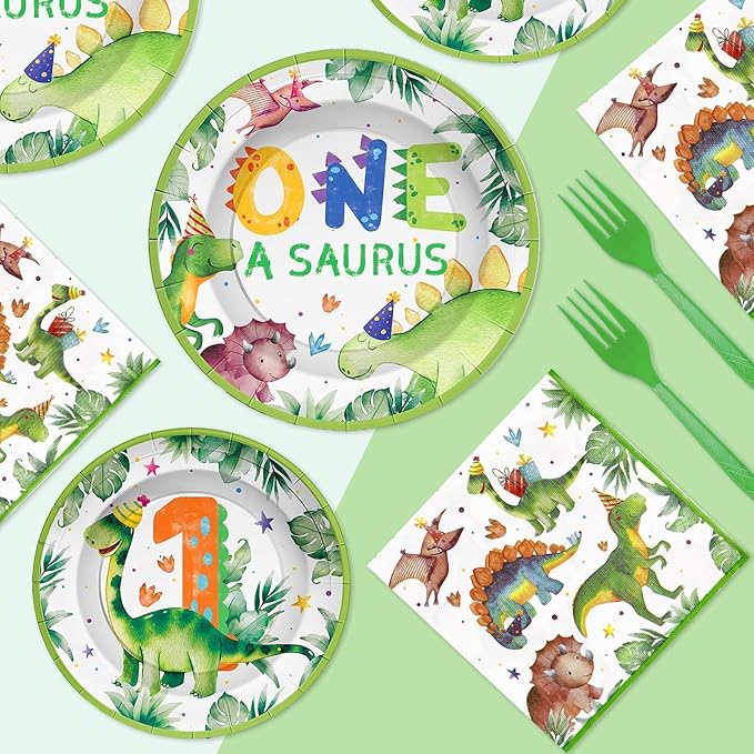 96Pcs Dinosaur 1st Birthday Decorations Cartoon Dinosaurs Plates and