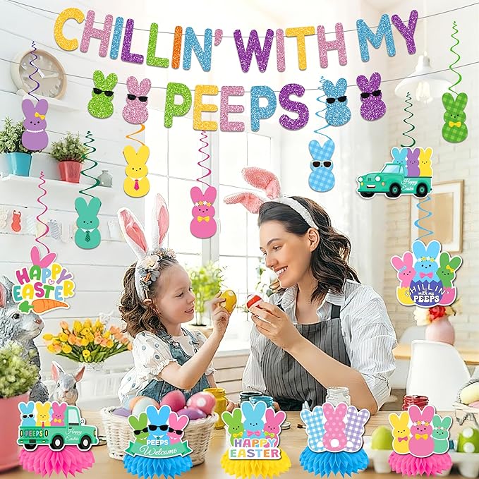 Easter Party Decorations Glitter Chillin with My Peeps Banner Swirls