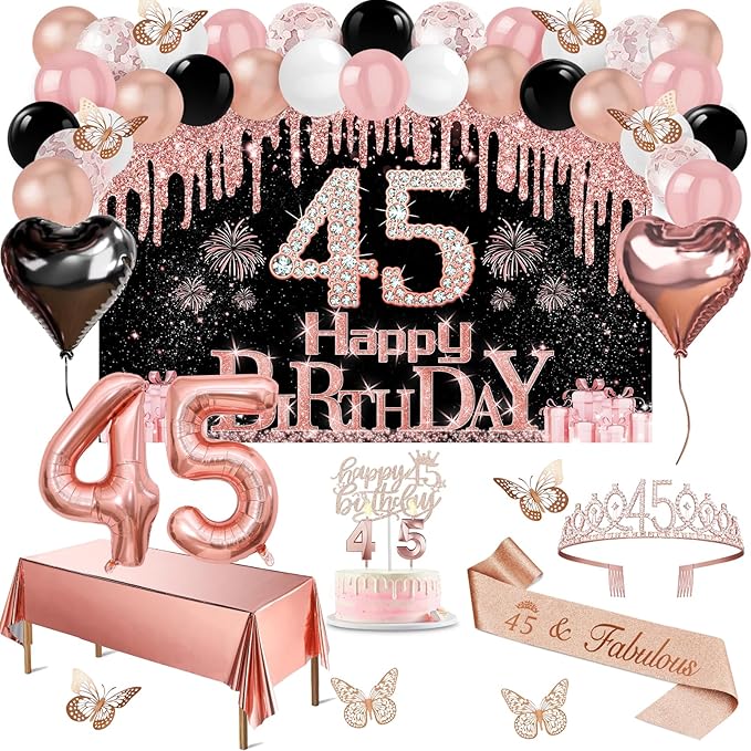 45th Birthday Decorations for Women 49pcs Black Rose Gold Black