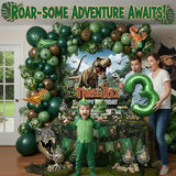 T Rex Dinosaur Birthday Decorations include Dark Green Brown Gold