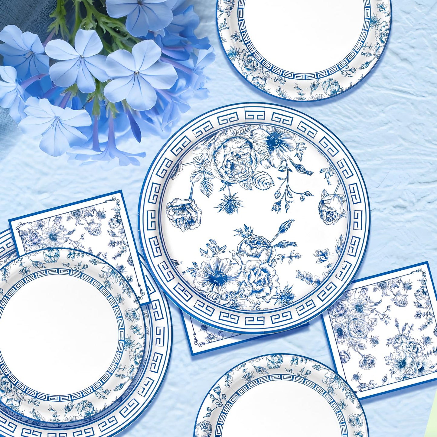 60Pcs Blue White Floral Party Supplies,Blue and White Floral Paper