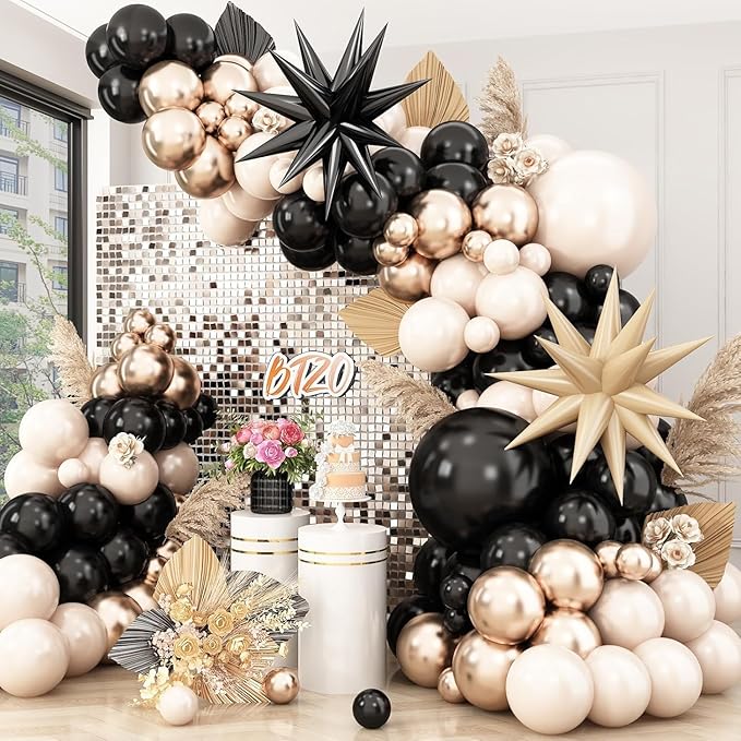 Sand White Black Gold Balloon Arch Kit,Balloon Garland with Star Foil