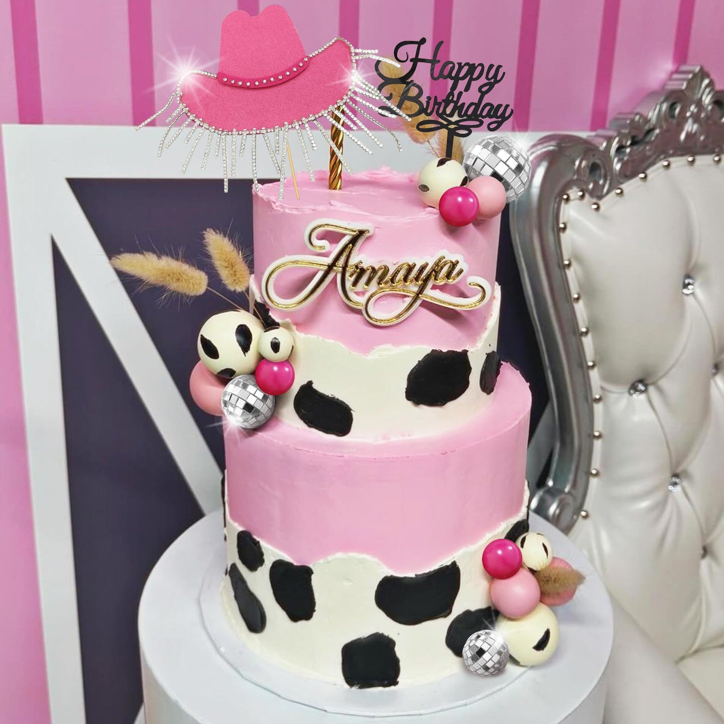 Cowgirl Cake Topper Hot Pink Cake Decoration Shiny Cowgirl Hat Disco