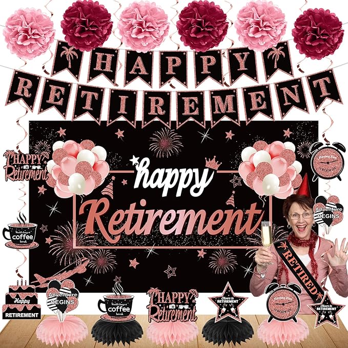 20PCS Happy Retirement Party Decorations Kit for Women Rose Gold