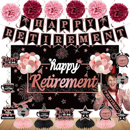 20PCS Happy Retirement Party Decorations Kit for Women Rose Gold