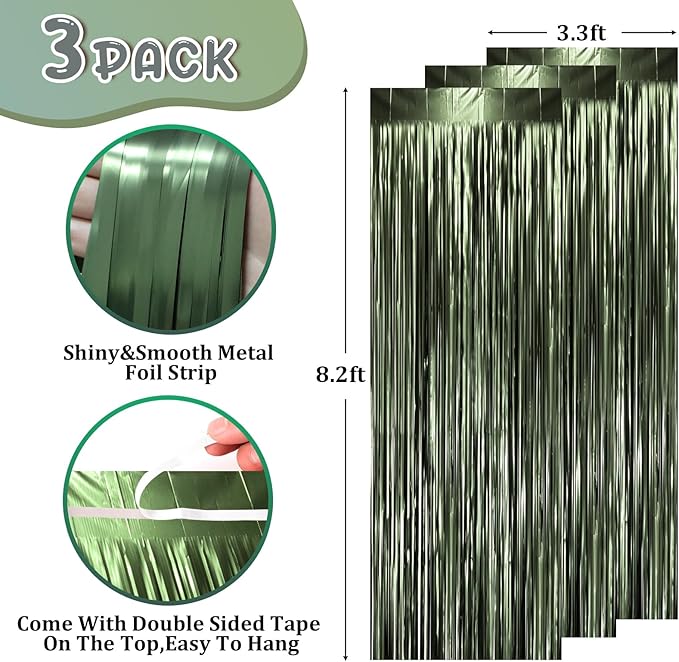 Voircoloria 3 Pack 3.3 x 8.2 ft Matte Green Foil Fringe Backdrop