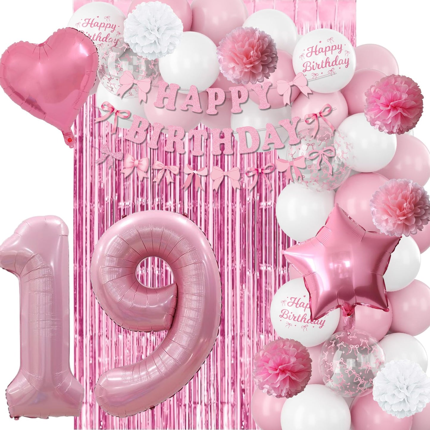 19th Birthday Decorations for Girls Pink Number 19 Balloon Bow