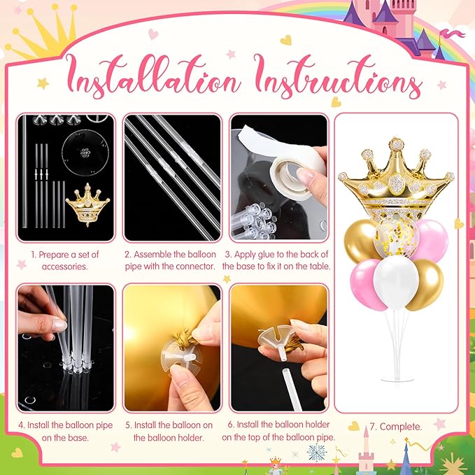 Seematn 2 Set Princess Balloon Stand Kits Pink Gold Crown Balloons