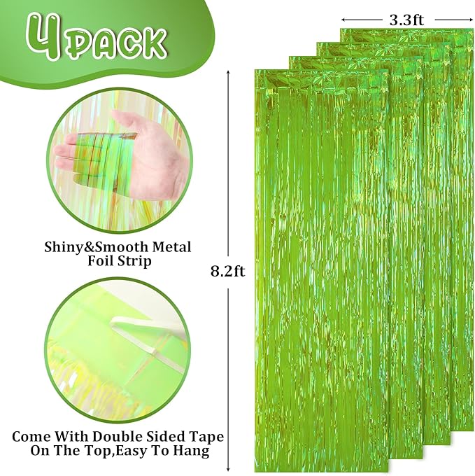 Voircoloria 4 Pack 3.3x8.2 Feet Neon Green Foil Fringe Backdrop