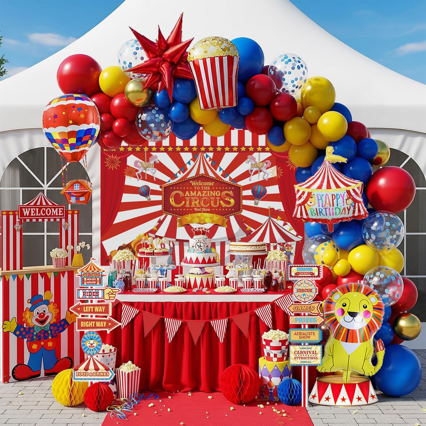 Circus Theme birthday party decorations & include red yellow blue