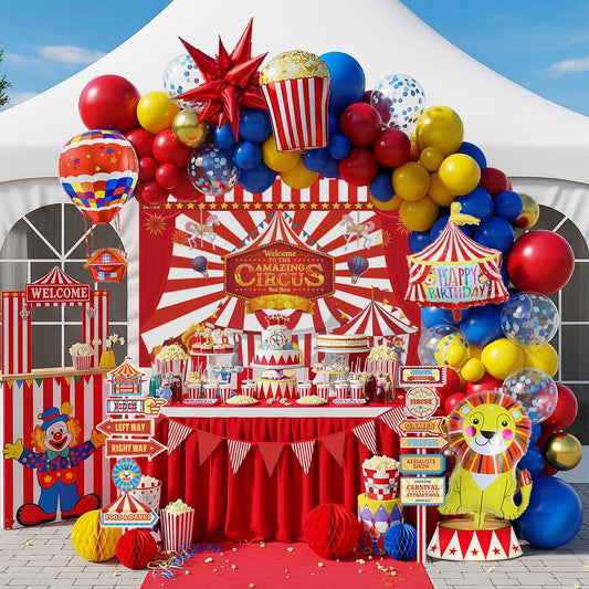 Circus Theme birthday party decorations & include red yellow blue