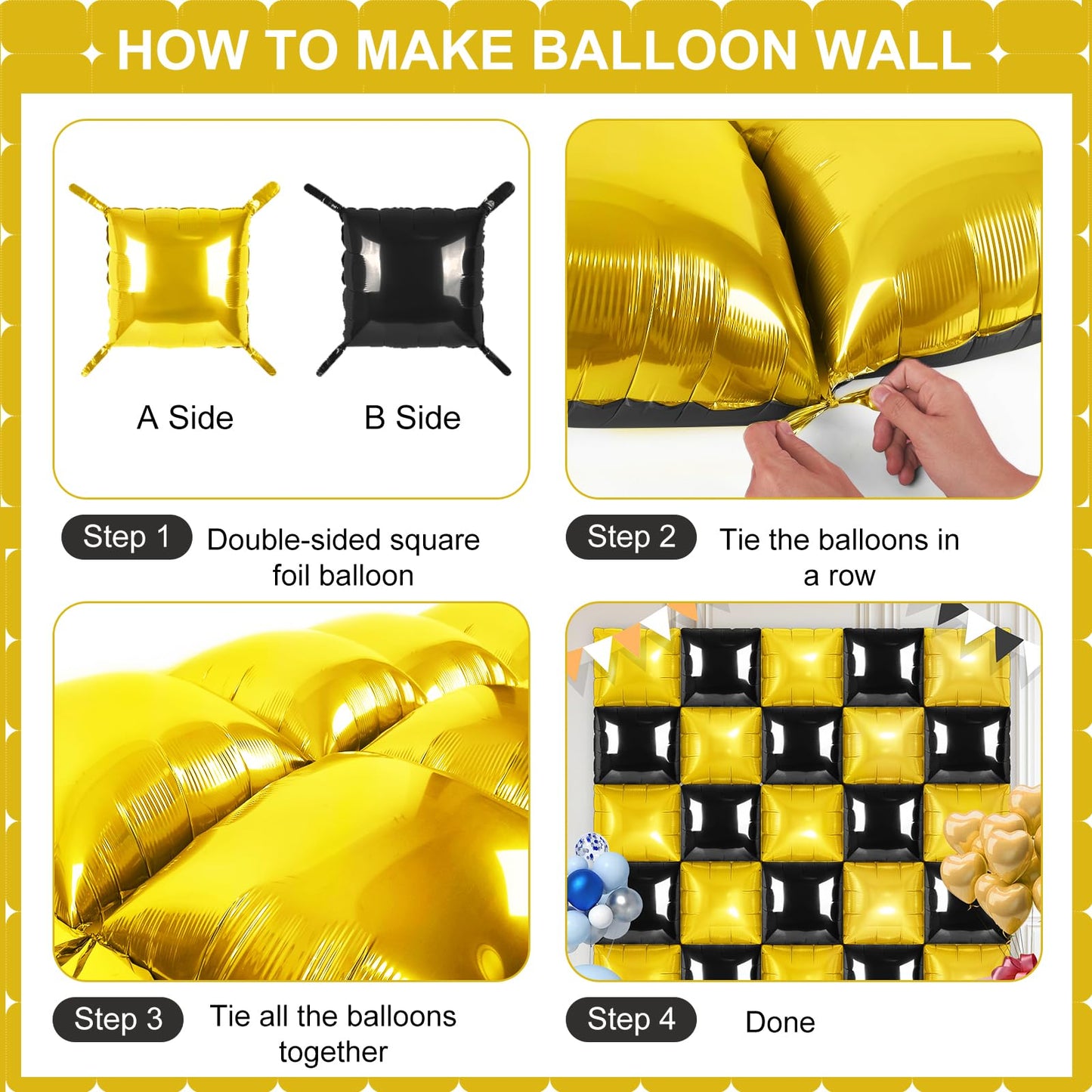 Black and Gold Square Foil Balloons 25 Pcs Metallic Black and Gold