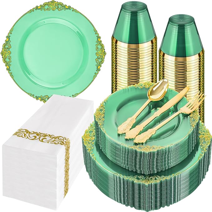 Hioasis 350pcs Green and Gold Plastic Plates - Green Party Plates for