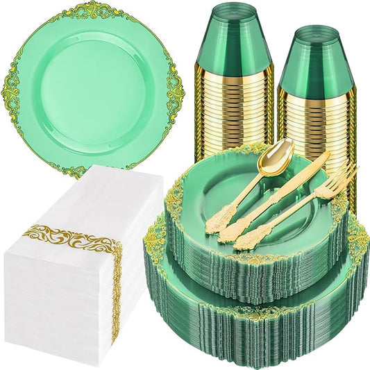 Hioasis 350pcs Green and Gold Plastic Plates - Green Party Plates for
