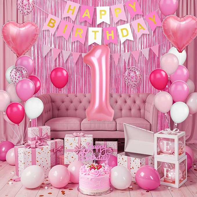 1st Birthday Decorations for Girls Hot Pink Birthday Balloons with